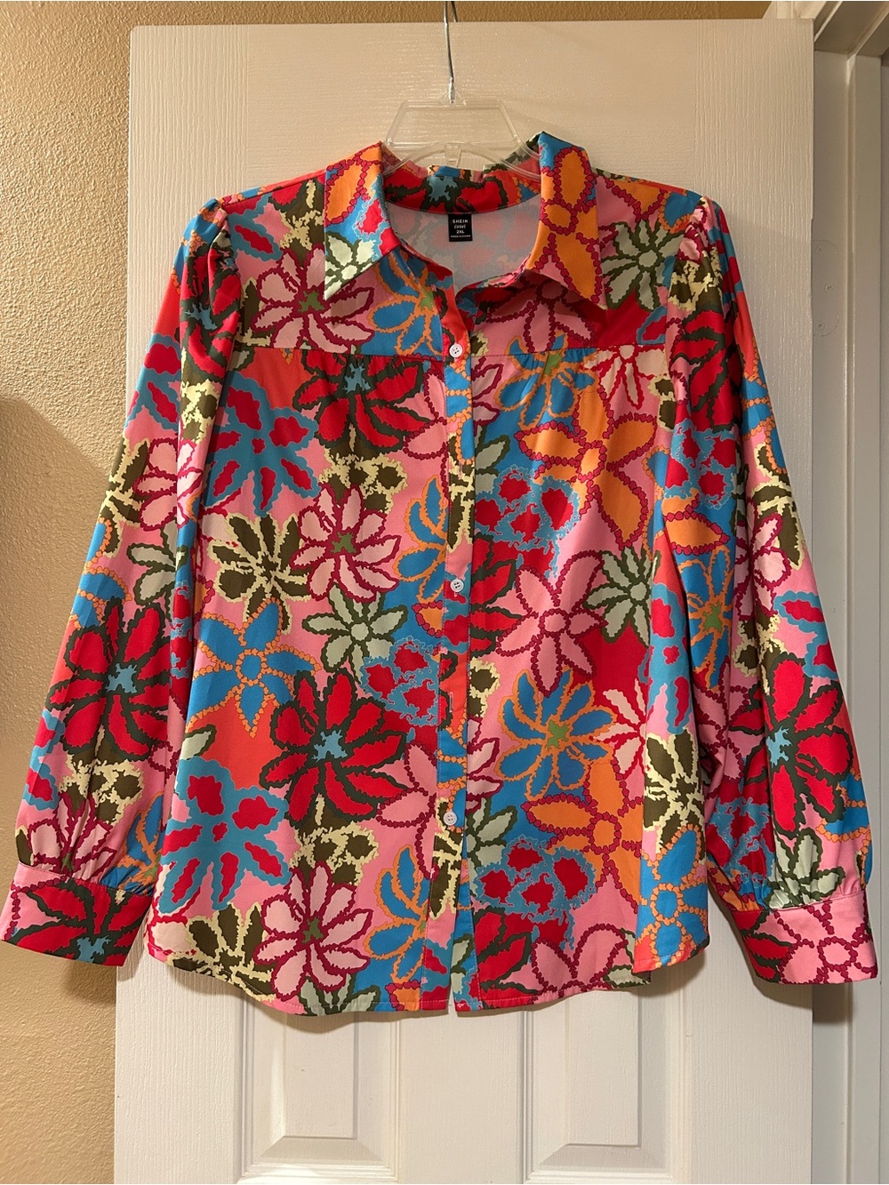 SHEIN Multicolor Floral Button-Down Shirt - Red, Pink, Blue, Orange, Green